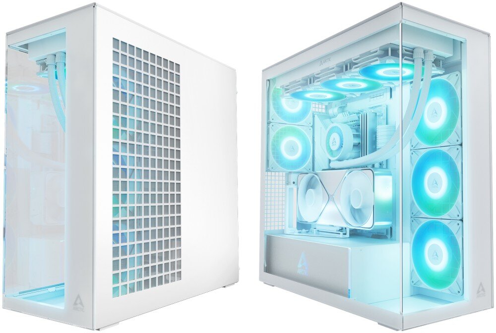 Obudowa ARCTIC Xtender VG White Clear Glass Obudowa komputerowa ukazana w dwóch ujęciach z boku, jedno przedstawia panel z kratką wentylacyjną, drugie przeszklone wnętrze z podświetleniem
