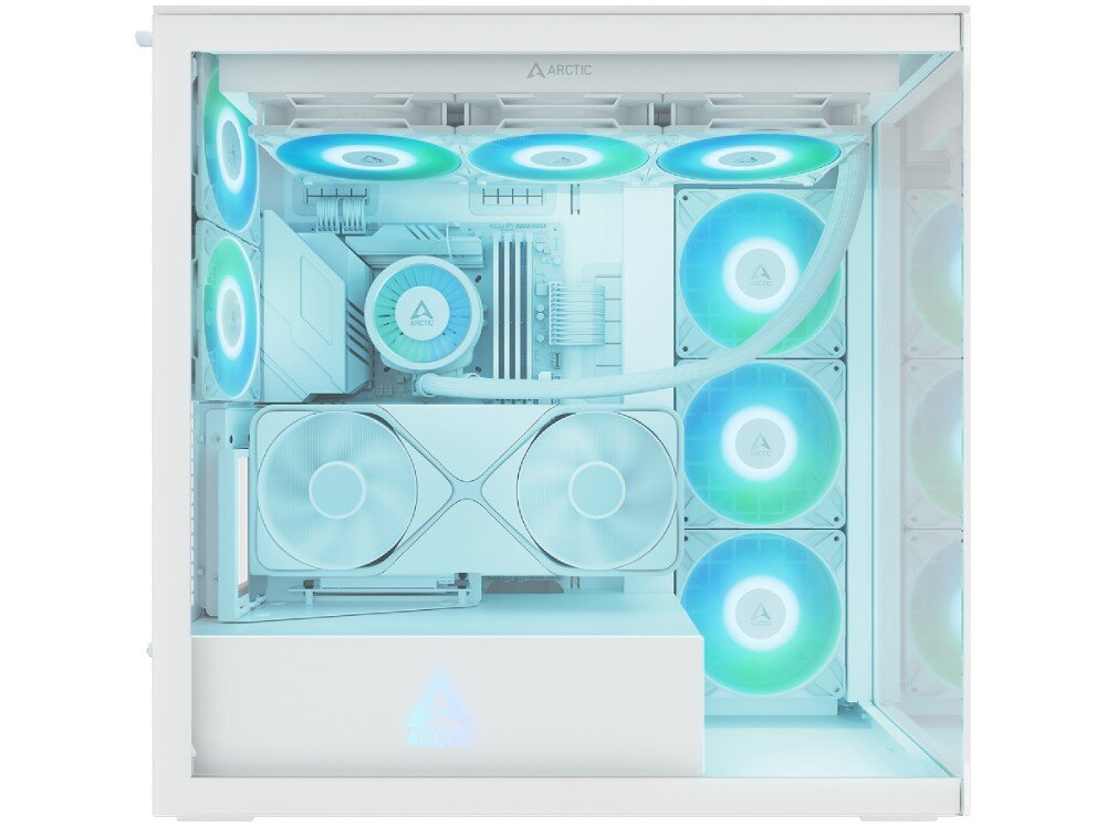 Obudowa ARCTIC Xtender VG White Clear Glass Widok z boku na podświetlane wnętrze obudowy komputerowej z widoczną płytą główną, wentylatorami oraz pionowo zamontowaną kartą graficzną