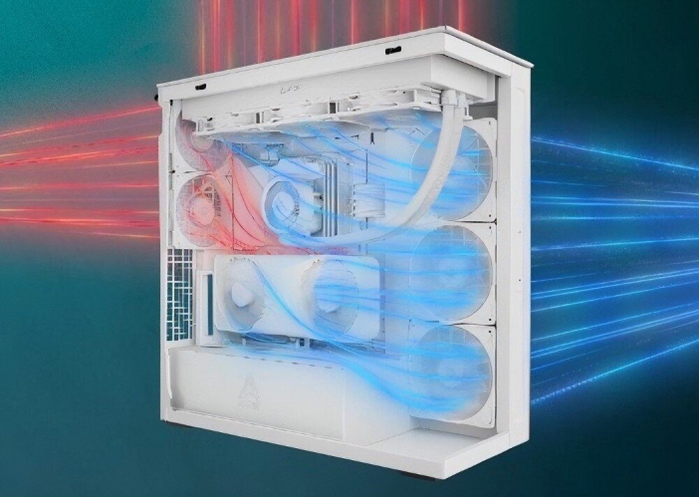 Obudowa ARCTIC Xtender VG White Clear Glass Grafika przedstawiająca schemat obudowy komputerowej z nakreślonymi liniami symulującymi kierunek przepływu powietrza przez wentylatory
