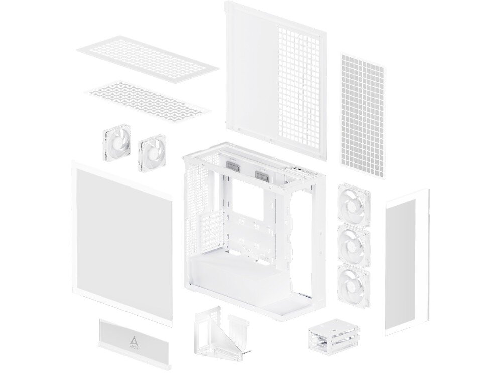 Obudowa ARCTIC Xtender VG White Clear Glass Widok obudowy komputerowej rozłożonej na pojedyncze elementy, w tym panele, filtry przeciwpyłowe, wentylatory i szkielet konstrukcji
