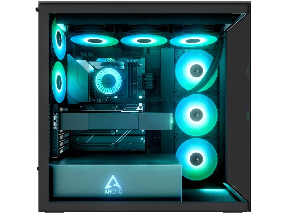 Obudowa ARCTIC Xtender Black Mirror Glass Widok z boku na podświetlane wnętrze obudowy komputerowej z widoczną płytą główną, wentylatorami oraz pionowo zamontowaną kartą graficzną