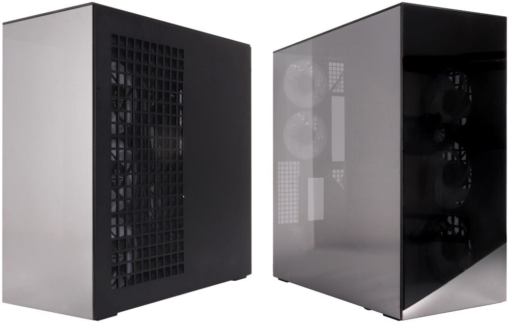 Obudowa ARCTIC Xtender VG Black Mirror Glass Obudowa komputerowa ukazana w dwóch ujęciach z boku, jedno przedstawia panel z kratką wentylacyjną, drugie przeszklone wnętrze z podświetleniem
