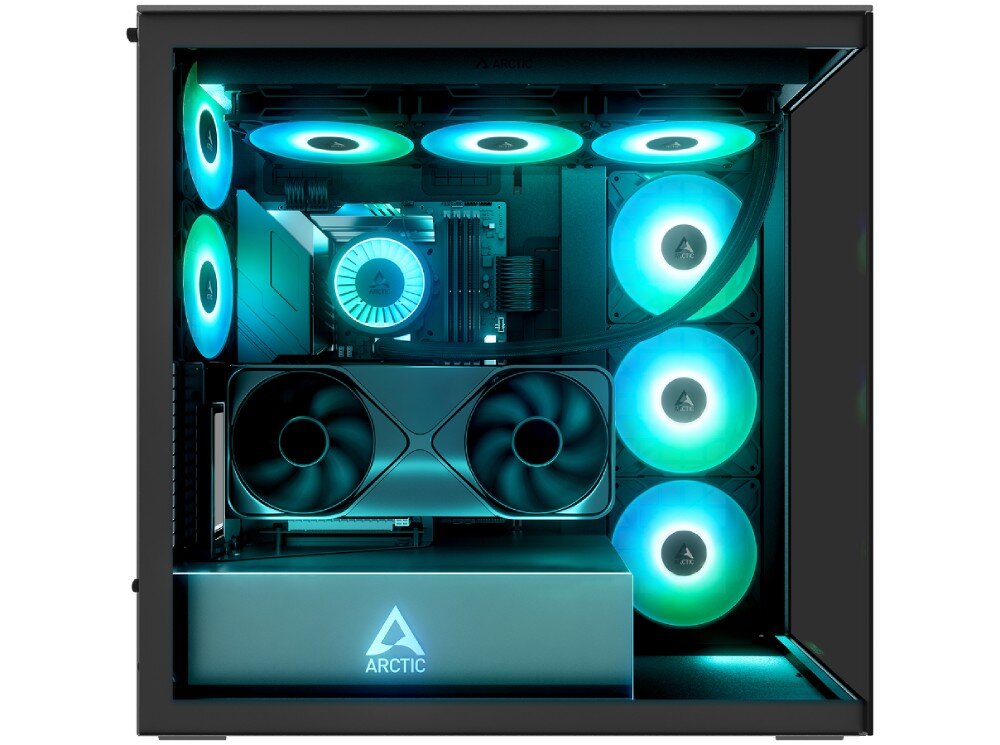 Obudowa ARCTIC Xtender VG Black Mirror Glass Widok z boku na podświetlane wnętrze obudowy komputerowej z widoczną płytą główną, wentylatorami oraz pionowo zamontowaną kartą graficzną
