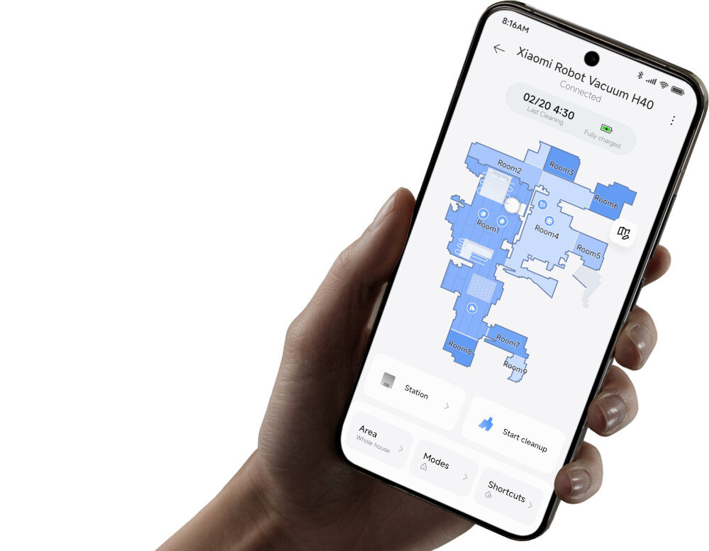 Robot sprzątający XIAOMI Vacuum H40 Aplikacja Xiaomi Home  komendy W aplikacji zaplanujesz harmonogramy sprzątanie strefowe zajrzysz do historii dostaniesz aktualizacje OT Amazon Alexa Asystenta Google  sterowanie głosem polecenie tryb DND „nie przeszkadzać” 