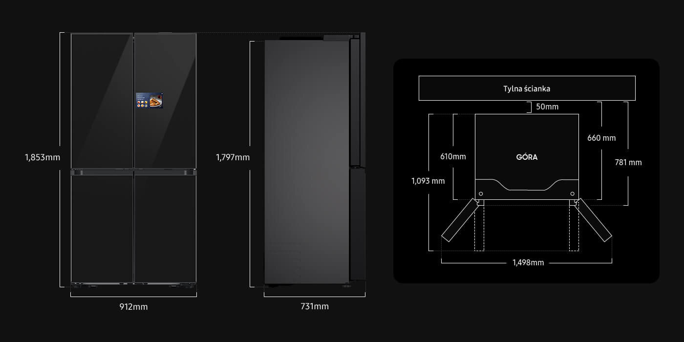 chemat czterodrzwiowej lodówki z wymiarami: wysokość 1853 mm, szerokość 912 mm, głębokość 683 mm.