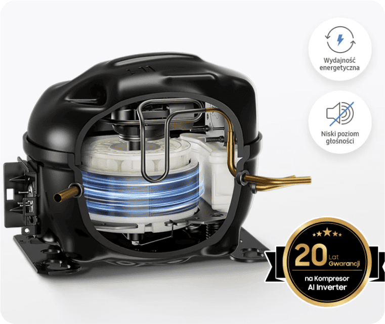 Przekrój kompresora AI Inverter z widocznym mechanizmem wewnętrznym.