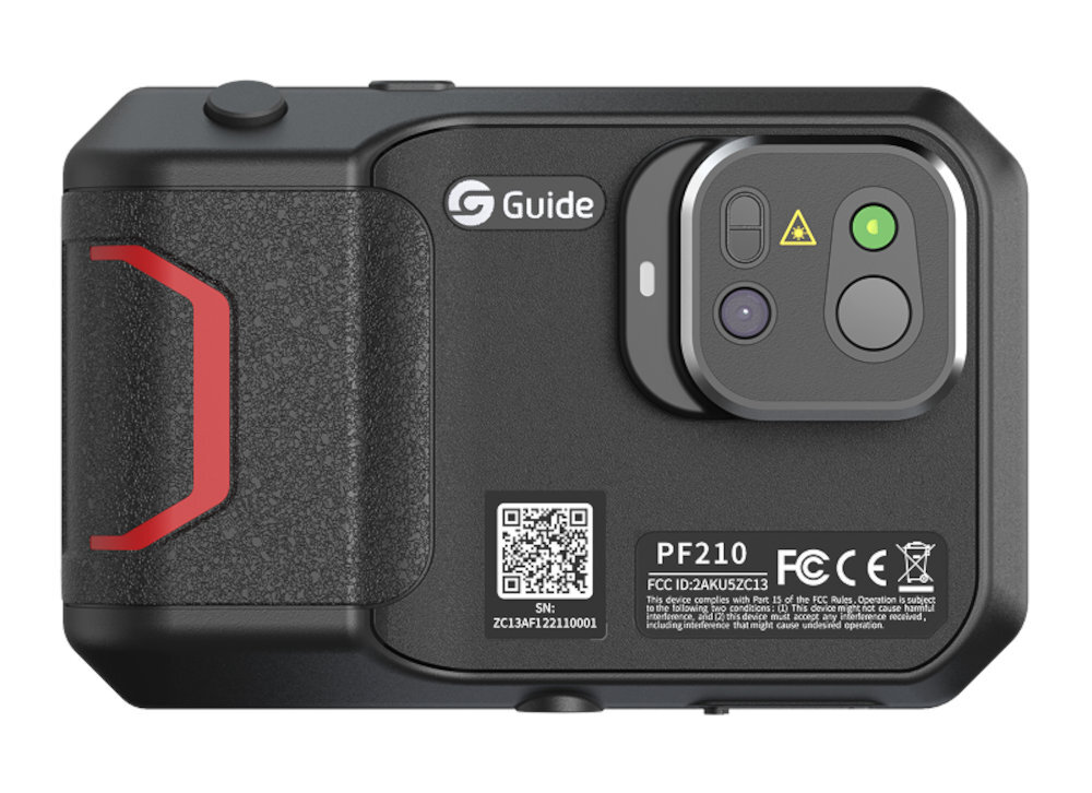 GUIDE SENSMART PF210 GUIDE SENSMART PF210 celownik laserowy obrazowanie bez konieczności ustawiania ostrości wyświetlacz LCD 3,5 138 x 89 x 34 mm - kamera od przodu na białym tle, widoczne obiektywy