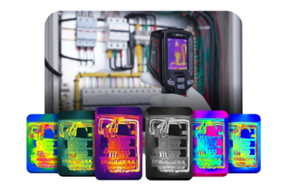 GUIDE SENSMART E2+ E2+ technologia IR-Perfclear  do 4 razy obraz termiczny z rzeczywistym 4 trybów pracy (IR, VIS, MIF, PIP) i 6 palet kolorów - kamera od tyłu na białym tle, widoczny wyświetlacz i panel sterowania