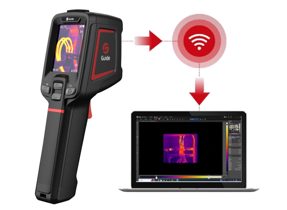 GUIDE SENSMART E2+ wbudowanemu Wi-Fi E2+ przesyłać dane termiczne w czasie rzeczywistym komputera lub smartfona Obrazy i wideo 16 GB pamięci wewnętrznej dedykowanym oprogramowaniu zdalne sterowanie przez aplikację mobilną - kamera od przodu na białym tle