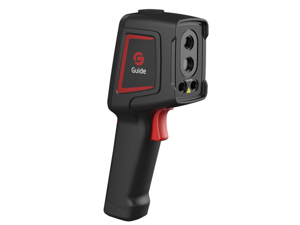 GUIDE SENSMART E2+ Obudowa o stopniu ochrony IP54 kurzem i zachlapaniem odporność na upadek z wysokości 2 metrów 355 g Wbudowany akumulator 8 godzin pracy szybkie ładowanie złącze USB-C - kamera pod skosem od boku na białym tle obok laptop i ikonka wifi