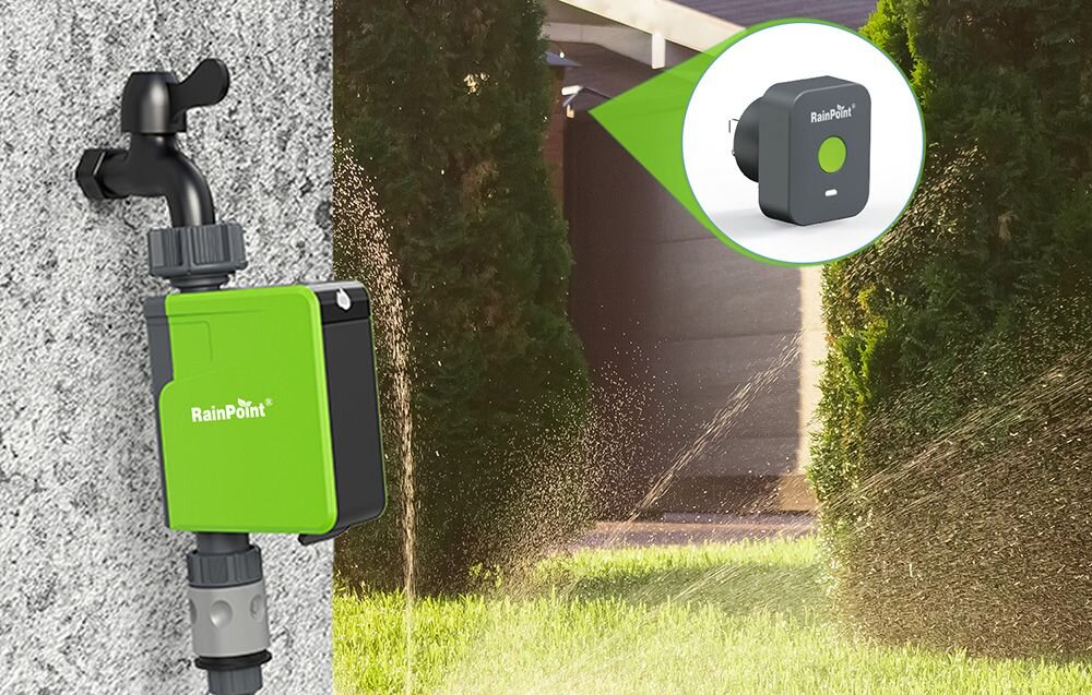 Sterownik nawadniania RAINPOINT HTV107B+HWG009WB, sterownik nawadniania, smart ogród, WiFi, kontrola, Sterownik nawadniania RainPoint na kranie oraz wizualizacja połączenia z modułem sterującym.