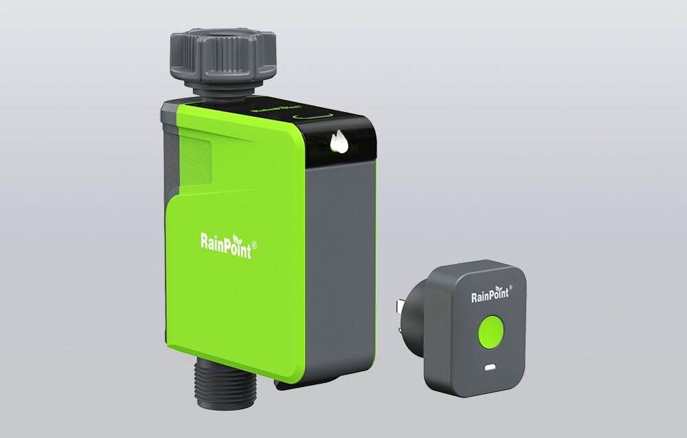 Sterownik nawadniania RAINPOINT HTV107B+HWG009WB, IP54, filtr, odporność, montaż, Sterownik RainPoint i moduł sterujący przedstawione na szaym tle.