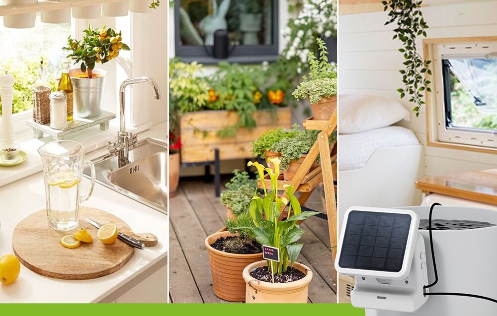 Zestaw do nawadniania RAINPOINT HTP115FR + HWG023WBRF, panel solarny, energia słoneczna, akumulator, oszczędność, Trzy pionowe ujęcia pokazują wnętrze kuchni, taras z roślinami oraz biały zestaw RainPoint z panelem solarnym.