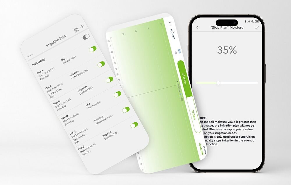 Zestaw do nawadniania RAINPOINT HTP115FR + HWG023WBRF, RainPoint Home, Android, iOS, kontrola, harmonogram, Trzy ekrany aplikacji na smartfonie pokazują ustawienia planu nawadniania i poziomu wilgotności.