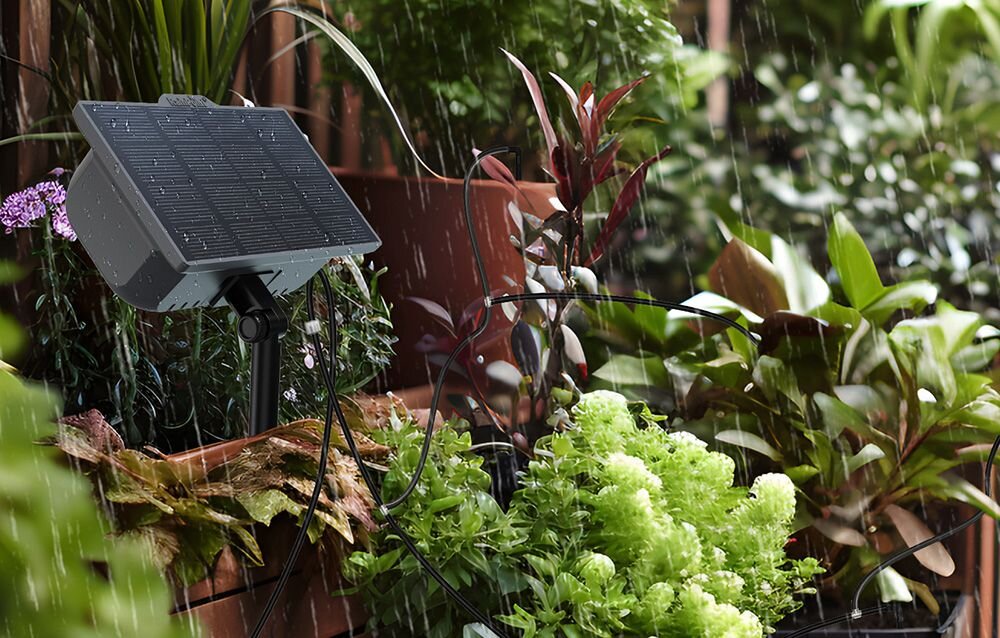 Zestaw do nawadniania RAINPOINT ITP138SP+DIK10, 20 roślin, pompa, harmonogram, podlewanie, Panel solarny z kroplami deszczu zamontowany wśród roślin doniczkowych.