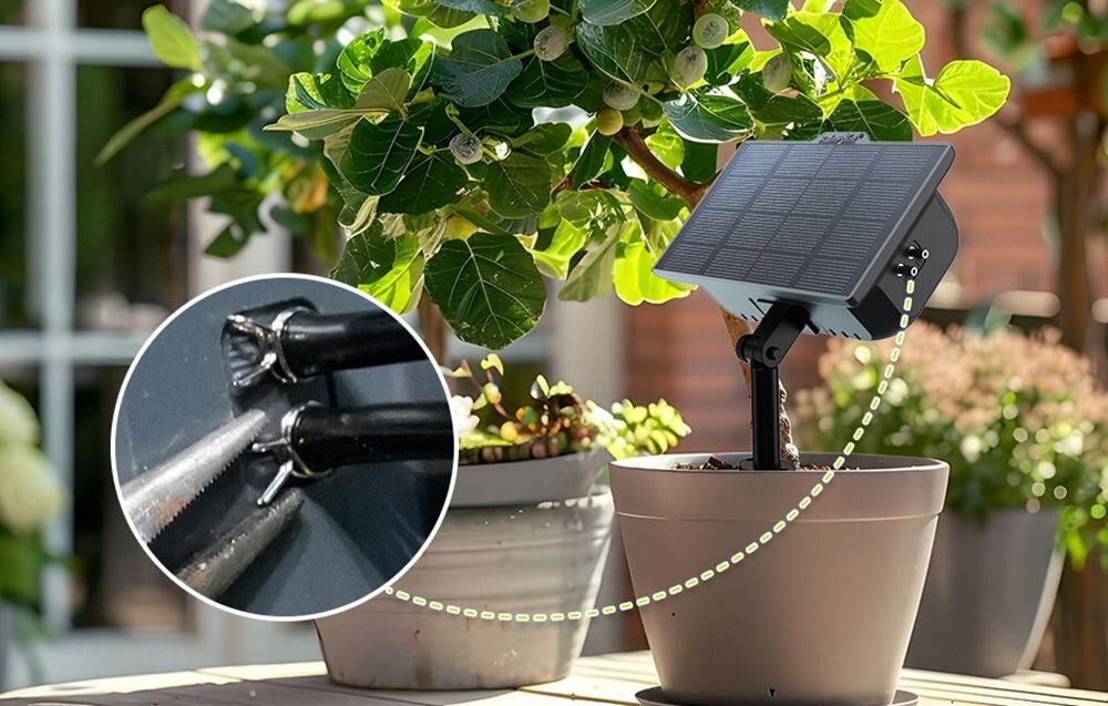 Zestaw do nawadniania RAINPOINT ITP138SP+DIK10, odporność, montaż, obudowa, warunki zewnętrzne, Panel solarny w doniczce z rośliną oraz zbliżenie podłączenia przewodów.