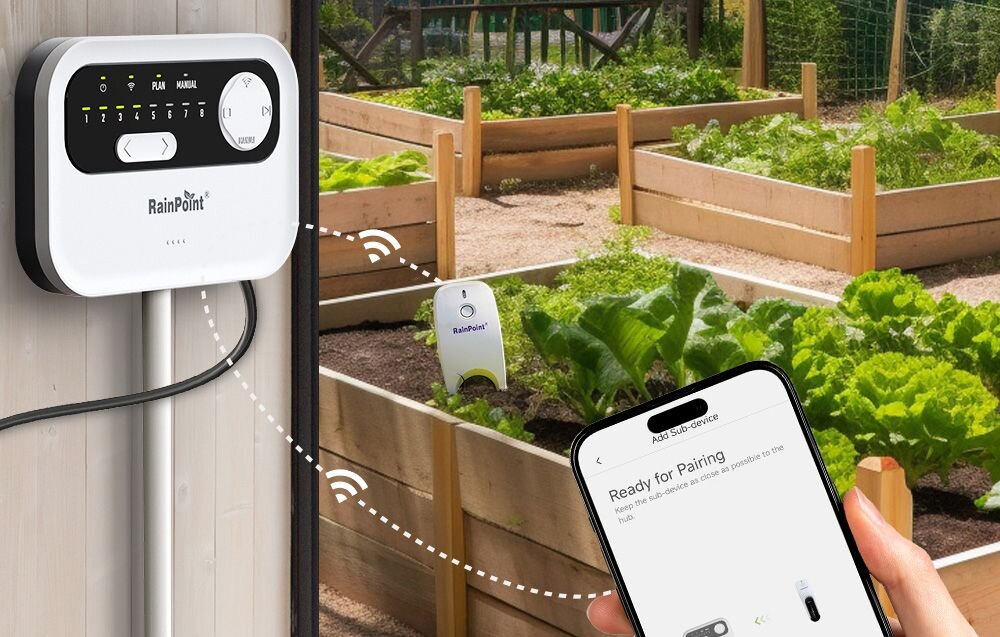 Sterownik nawadniania RAINPOINT HIC801W, Wi-Fi, aplikacja, RainPoint Home, zarządzanie, Sterownik zraszaczy RainPoint zamontowany na ścianie, połączony z czujnikiem i aplikacją mobilną w ogrodzie.