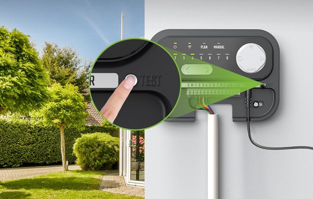 Sterownik nawadniania RAINPOINT HIC801W, alarm, kontrola zaworów, bezpieczeństwo, system, Sterownik zraszaczy RainPoint z przyciskiem testowym naciskanym palcem i podłączonymi przewodami.