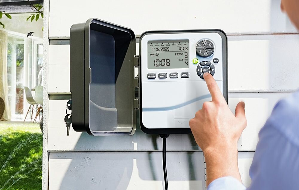 Sterownik nawadniania RAINPOINT ITC1200, ekran LCD, pokrętło, harmonogram, ustawienia, Osoba naciska przycisk na sterowniku nawadniania RainPoint zamontowanym na ścianie z otwartą obudową.