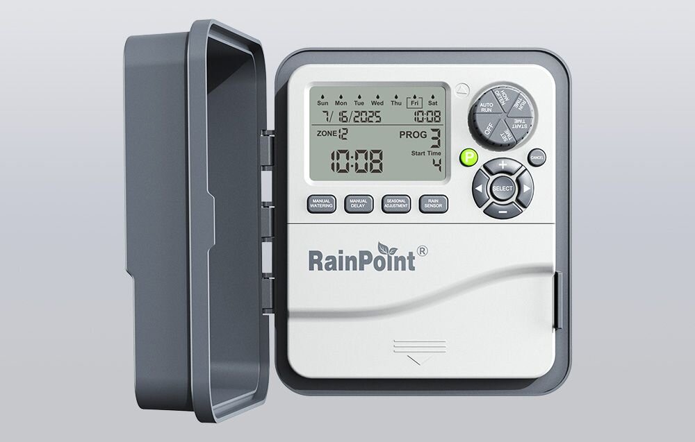 Sterownik nawadniania RAINPOINT ITC1200, regulacja 10–200%, sezonowość, podlewanie, rośliny, Sterownik nawadniania RainPoint z otwartą pokrywą pokazany na szarym tle.