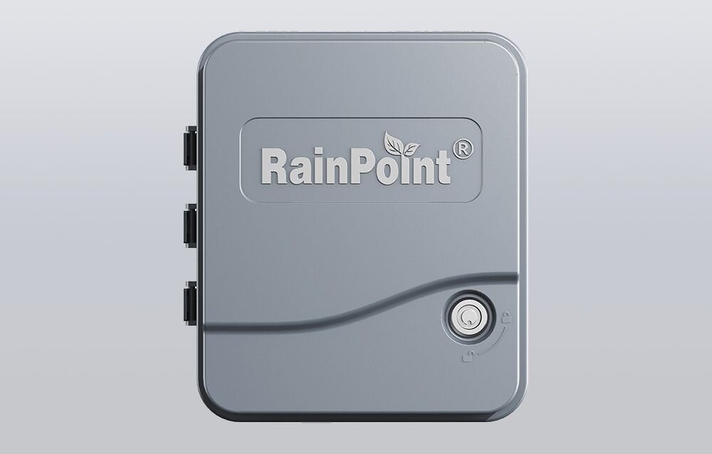 Sterownik nawadniania RAINPOINT ITC1200, pamięć ustawień, bateria, ciągłość pracy, system, Zamknięty sterownik nawadniania RainPoint pokazany na jednolitym tle.