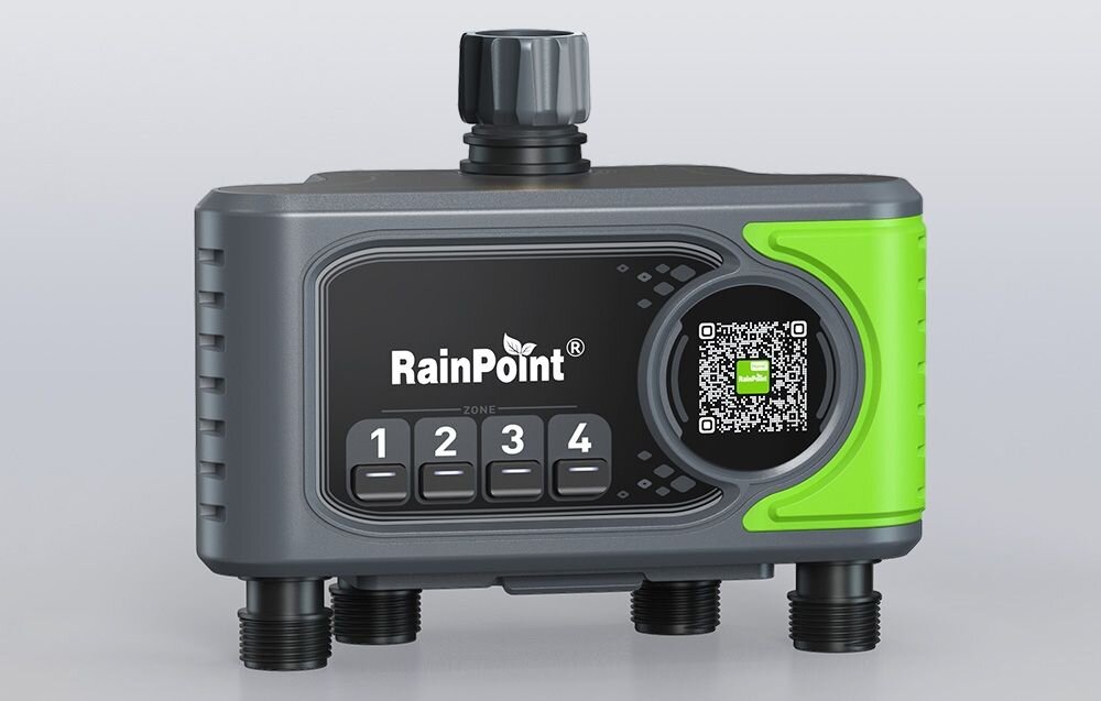 Sterownik nawadniania RAINPOINT HTV405FRF, 4 strefy, harmonogram, rośliny, zarządzanie, Zbliżenie na panel sterownika RainPoint z widocznymi przyciskami stref 1-4 i kodem QR na obudowie.