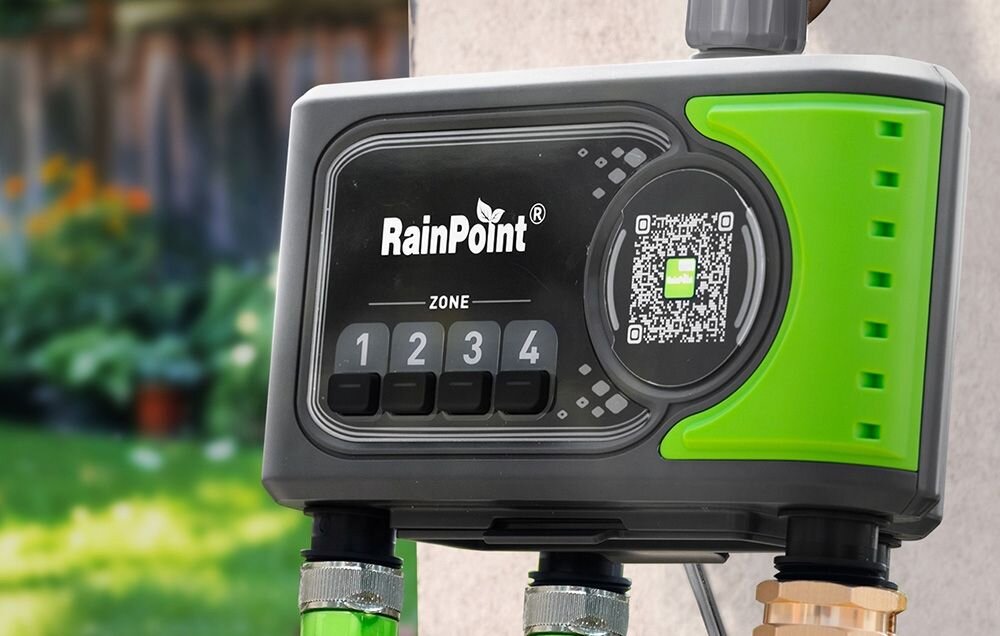 Sterownik nawadniania RAINPOINT HTV405FRF, sterownik nawadniania, 4 strefy, smart ogród, kontrola, Wielostrefowy programator nawadniania RainPoint z kodem QR i czterema przyłączami do węży ogrodowych.