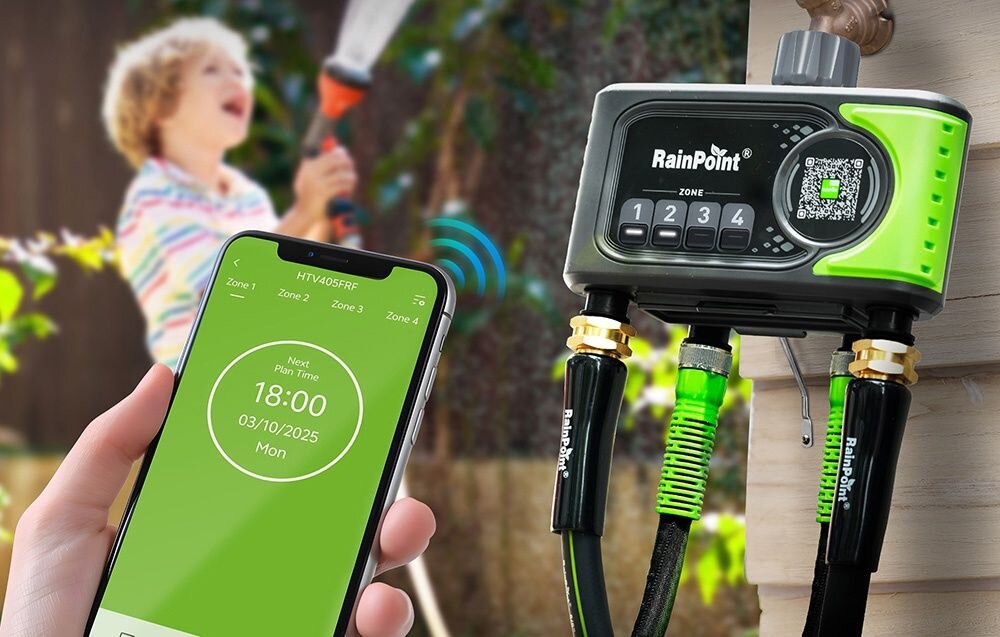 Sterownik nawadniania RAINPOINT HTV405FRF, manualne podlewanie, rain delay, kontrola, wygoda, Smartfon z ustawionym planem podlewania obok sterownika RainPoint oraz dziecka bawiącego się wodą w tle.