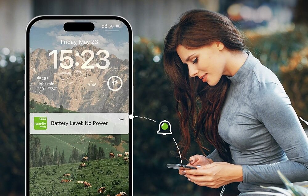 Sterownik nawadniania RAINPOINT HTV405FRF, powiadomienia, monitoring, bateria, system, Kobieta patrząca na smartfon z powiadomieniem aplikacji RainPoint o braku energii w baterii urządzenia.