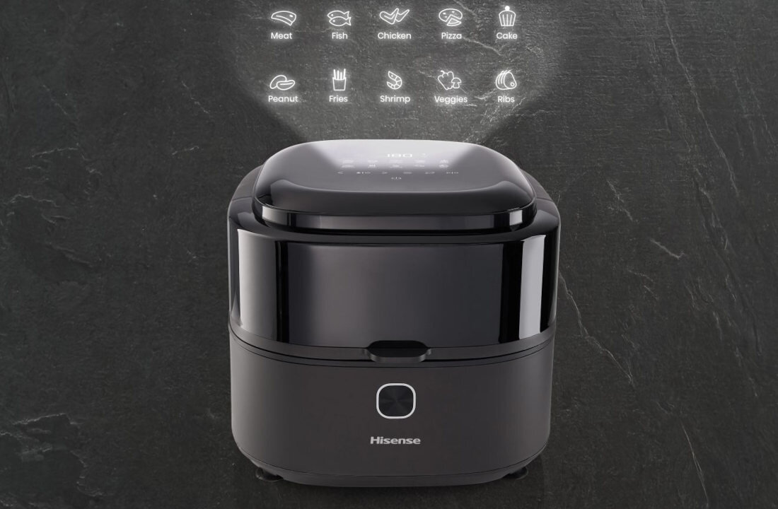 Frytkownica beztłuszczowa HISENSE HAF1350DR Air Fryer 10 wstępnych programów mięso ryba kurczak pizza frytki krewetki warzywa żeberka orzeszki ziemne ciasta temperatura czas możliwości gotowanie pieczenie smażenie