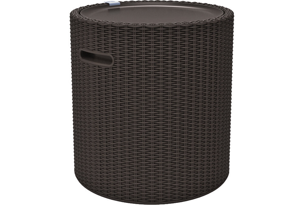 Stolik KETER Cool Stool 230904 ze schowkiem Brązowy stolik z zamkniętą klapą pusty schowek zdjęcie na białym tle funkcjonalny element wyposażenia cztery funkcje stabilny stolik wygodne siedzisko praktyczny schowek pojemnik do chłodzenia napojów wymiary 43,7 x 43,7 x 44,3 cm na taras na balkon do ogrodu