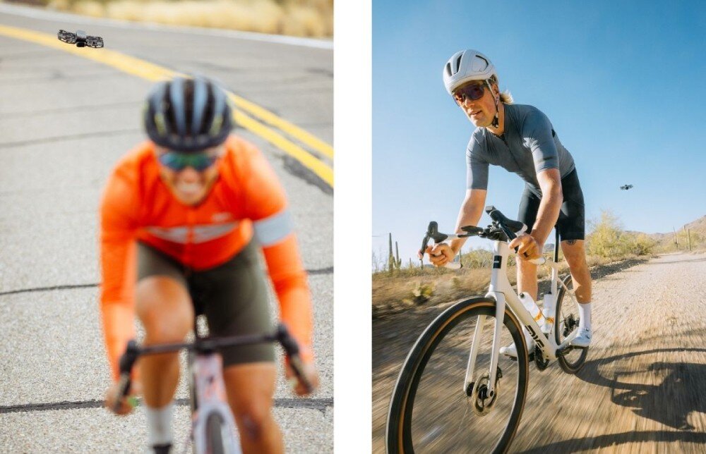 Dron HOVERAIR X1 Promax Dwa ujęcia kolarzy szosowych: po lewej rozmazany z przodu rowerzysta w pomarańczowej koszulce z małym dronem lecącym nad drogą, po prawej inny kolarz na szutrowej drodze, obok którego w powietrzu unosi się podobny dron, bateria, czas lotu, zasięg