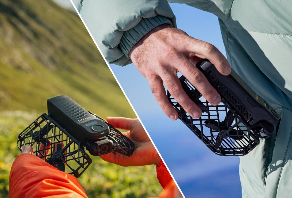 Dron HOVERAIR X1 Promax Zestawione w jednym kadrze dwa ujęcia: po lewej osoba trzyma niewielkiego drona w kratownicowej osłonie na tle górskiego krajobrazu, po prawej ta sama konstrukcja jest wsuwana do kieszeni kurtki, cechy, waga