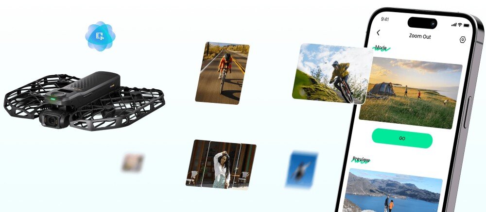 Dron HOVERAIR X1 Pro Basic Combo Czarny dron oraz smartfon wyświetlający aplikację z podglądem obrazu i trybami nagrywania, sterowanie, aplikacja, etui