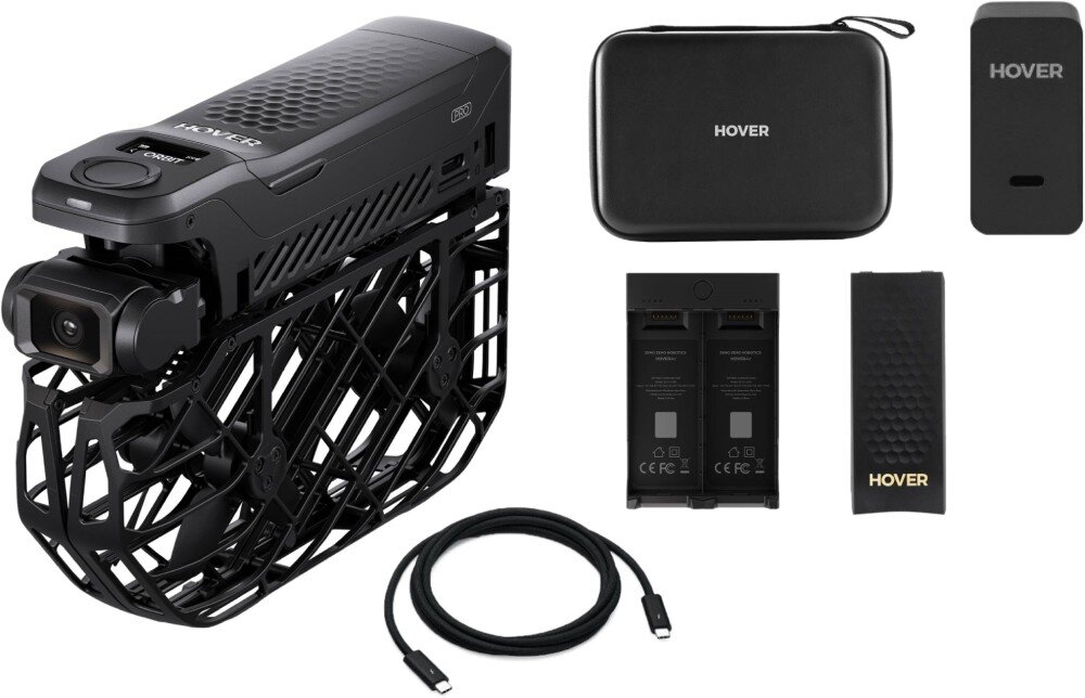 Dron HOVERAIR X1 Pro Basic Combo Zestaw akcesoriów obejmujący czarny dron etui ładowarkę dwa akumulatory i kabel USB na białym tle, opakowanie