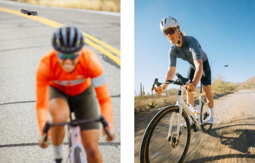 Dron HOVERAIR X1 Pro Ultimate Cycling Kit Snowboardzista zjeżdżający po ośnieżonym zboczu i towarzyszący mu w locie czarny dron, odporność, temperatury