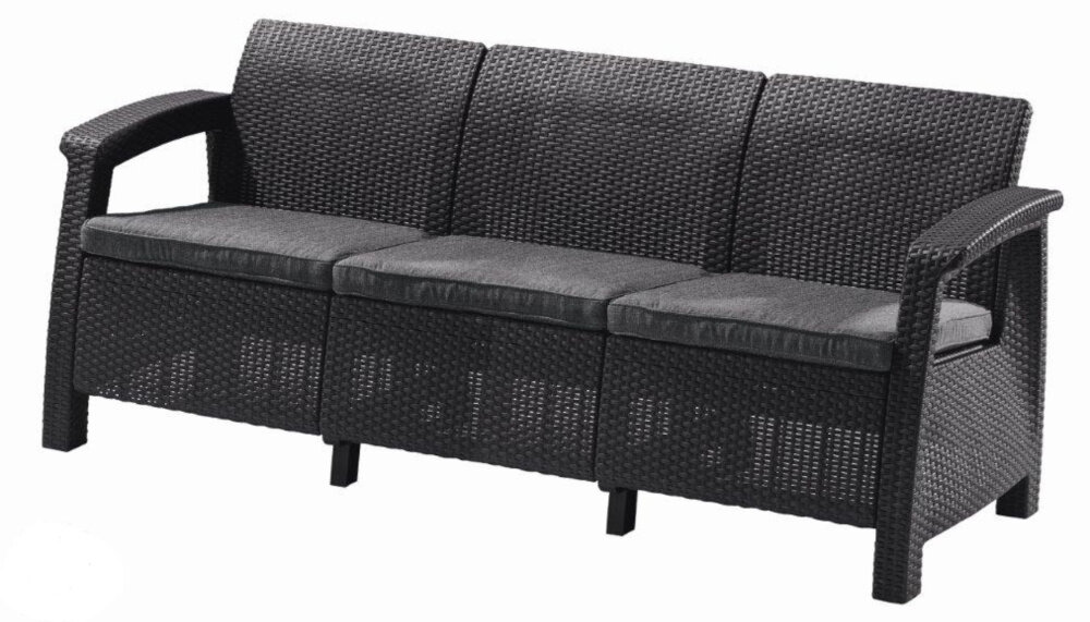Sofa ogrodowa KETER Cofru Love Seat 3 osobowa Grafitowy sofa na białym tle widoczna pod skosem 3-osobowa odpowiednia atmosfera na balkon tars do ogrodu kompatybilność z innymi elementami kolekcji KETER Cofru Love Seat wymarzony kącik do odpoczynku