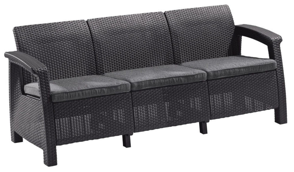 Sofa ogrodowa KETER Cofru Love Seat 3 osobowa Grafitowy sofa na białym tle widoczna pod skosem trzy wygodne poduszki komfortowy odpoczynek łatwe utrzymanie czystości