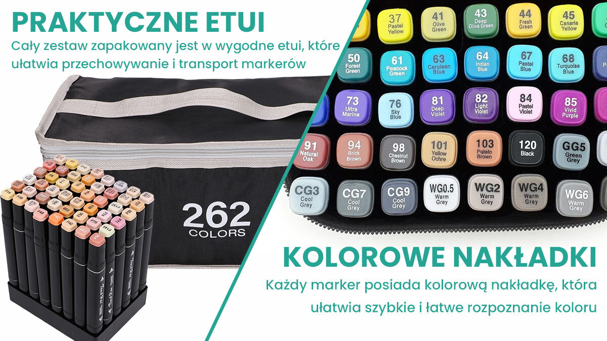 Zestaw markerów alkoholowych dwustronnych EXTRALINK (262 sztuk) praktyczne etui zesstaw zapakowany w torbę kolorowe nakładki szybkie rozpoznawanie kolorów