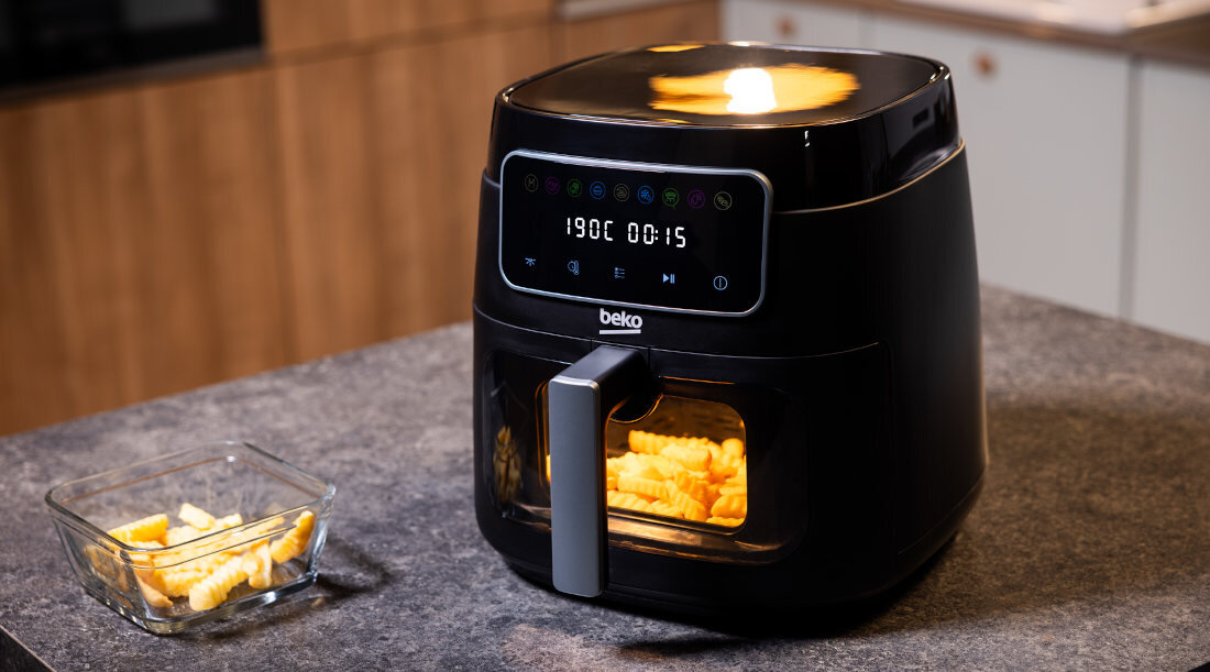Frytkownica beztłuszczowa BEKO ExpertFry FRL3374B XXL Air Fryer podświetlana komora przezroczysty front smak przepisy
