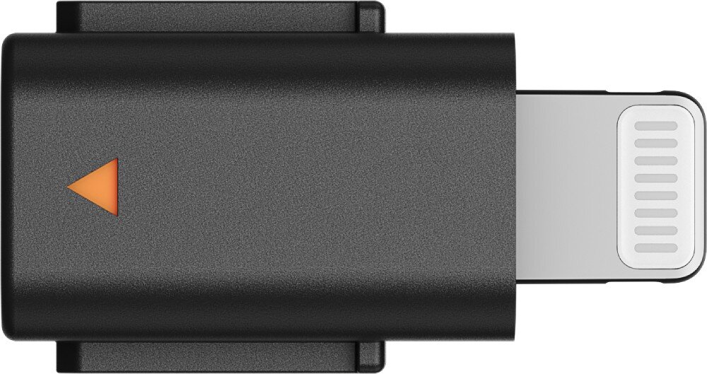 Czarny adapter z wtykiem Lightning, posiadający pomarańczowy trójkątny symbol na obudowie.