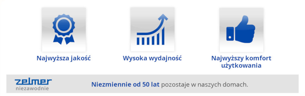 Grafika przedstawia trzy ikony: medal z napisem \'Najwyższa jakość\', wykres z napisem \'Wysoka wydajność\' oraz kciuk w górę z napisem \'Najwyższy komfort użytkowania\'. Na dole znajduje się logo \'zelmer niezawodnie\' oraz tekst \'Niezmiennie od 50 lat pozostaje w naszych domach.\'