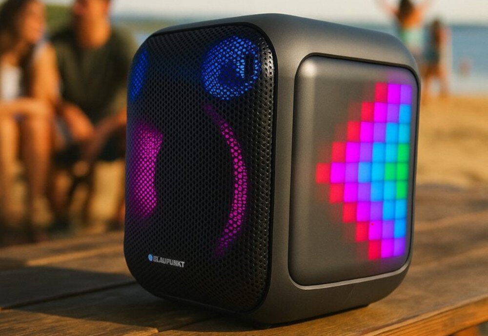 Power Audio BLAUPUNKT PB6LED przenośny głośnik imprezowy kompaktowe wymiary i lekka konstrukcja, power audio stojące na drewnianym stole w plenerze