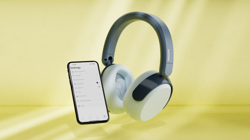 Słuchawki nauszne PHILIPS TAK5500RT limit głośności 75 dB tryb podróżny 85 dB, słuchawki nauszne z telefonem na żółtym tle