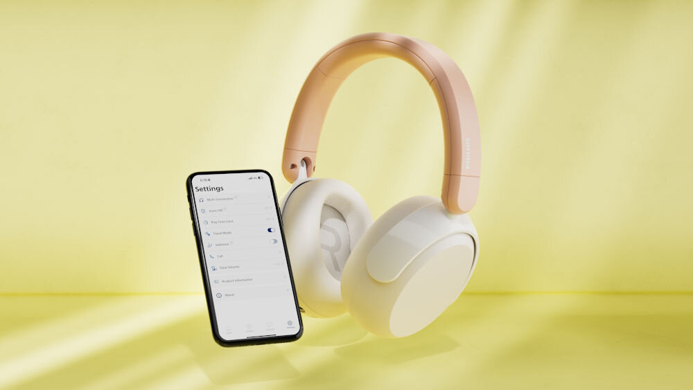 Słuchawki nauszne PHILIPS TAK5500AL limit głośności 75 dB tryb podróżny 85 dB, słuchawki nauszne z telefonem na żółtym tle