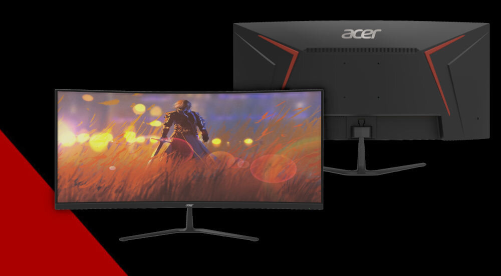 Monitor ACER Nitro ED340CURX0bmiipx 34 cale 3440x1440px 200Hz 1 ms [VRB] Curved prezentacja monitora od przodu i tyłu na czarnym tle czerwony pasek po lewej stronie na dole