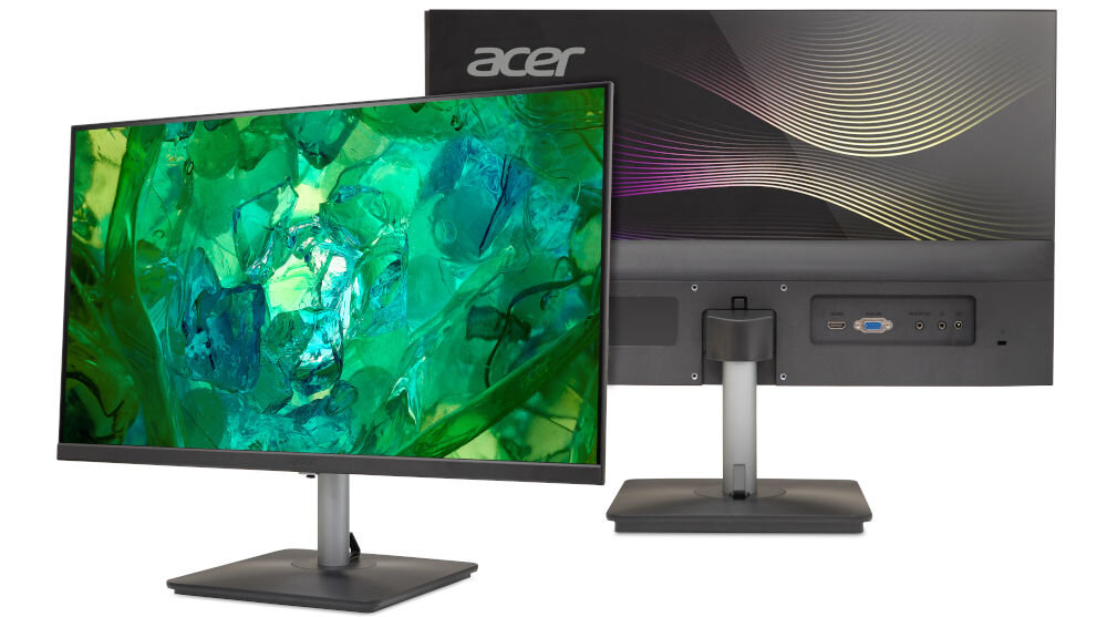 Monitor ACER Vero RS272 G0 27 cali 1920x1080px IPS 120Hz 1 ms [VRB] prezentacja monitora od przodu pod kątem i tyłu na białym tle
