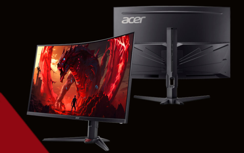 Monitor ACER Nitro XZ323QU Z1 31.5 cala 2560x1440px 280Hz 1 ms [VRB] Curved prezentacja monitora od przodu i tyłu na czarnym tle czerwony pasek po lewej stronie na dole