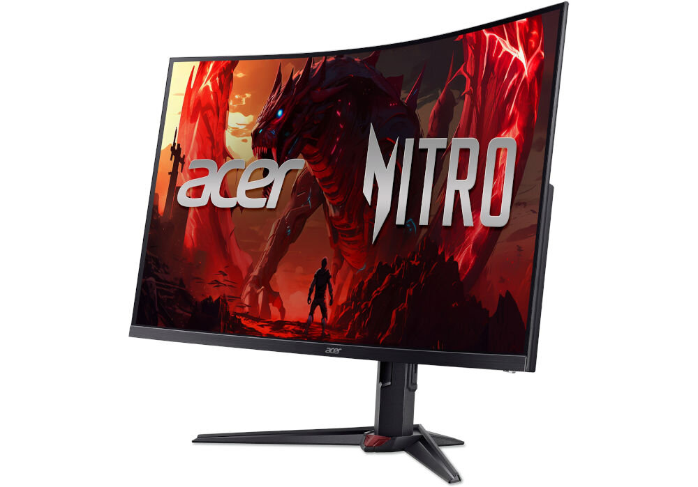 Monitor ACER Nitro XZ323QU Z1 31.5 cala 2560x1440px 280Hz 1 ms [VRB] Curved prezentacja monitora od przodu pod kątem na białym tle 99% palety sRGB realistyczne intensywne kolory immersja przyjemny dla oka obraz