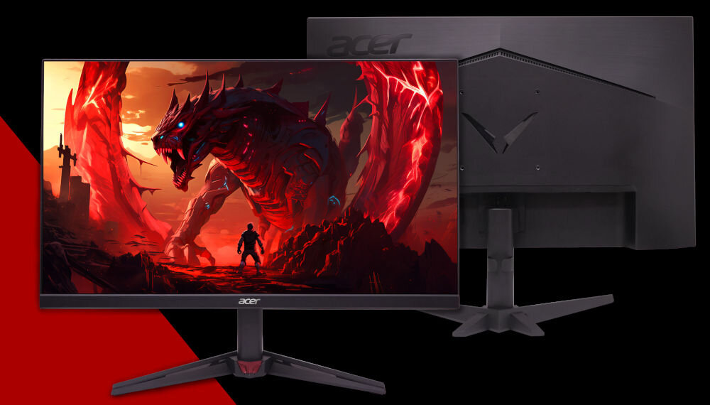 Monitor ACER Nitro VG270 X1 27 cali 1920x1080px IPS 200Hz 0.5 ms [GTG]  prezentacja monitora od przodu i tyłu na czarnym tle czerwony pasek po lewej stronie na dole